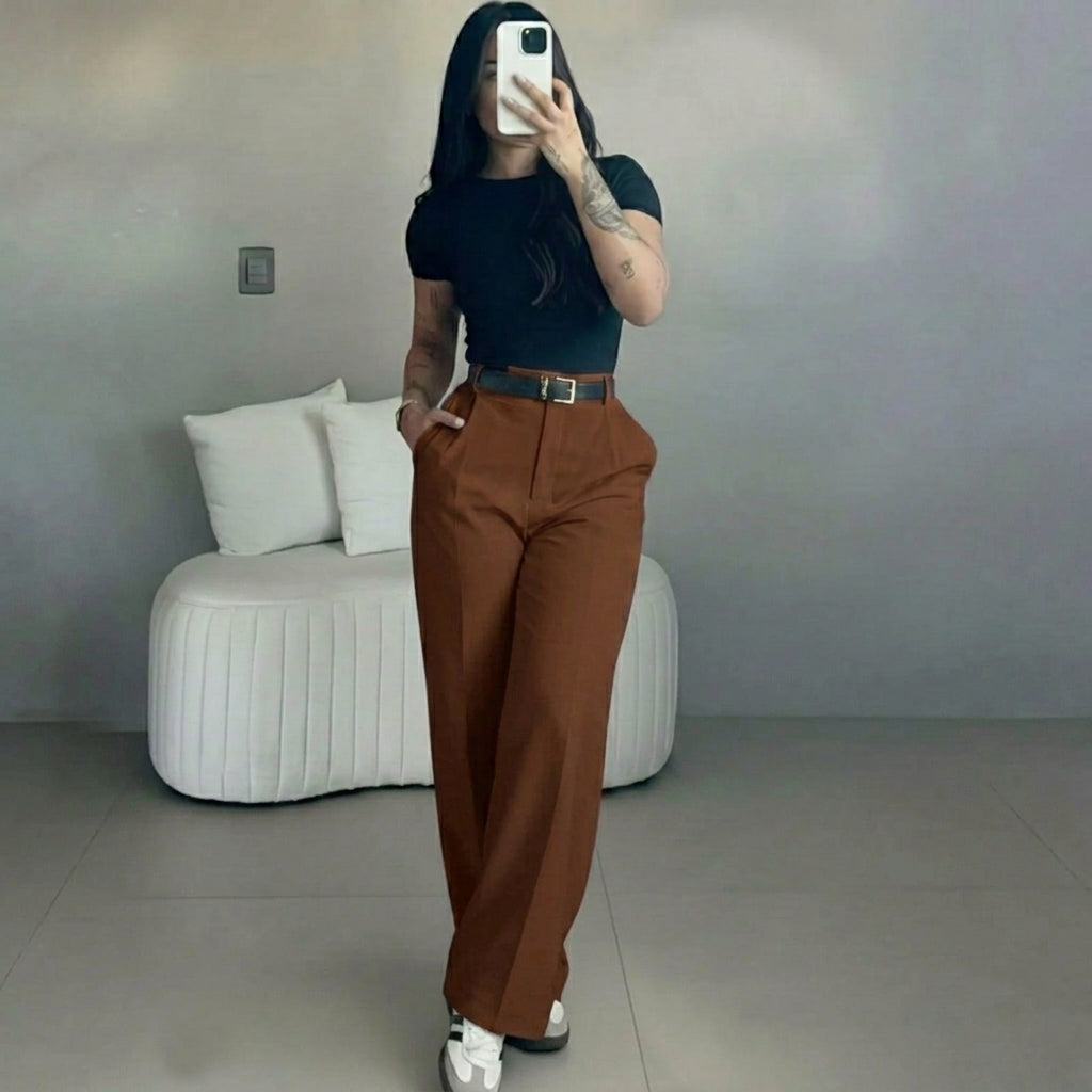 Damen-Hose mit hohem Bund und geradem Bein – fließende, elegante Anzughose mit lässigem Schnitt, für Büro und Alltag, mit figurformendem Effekt