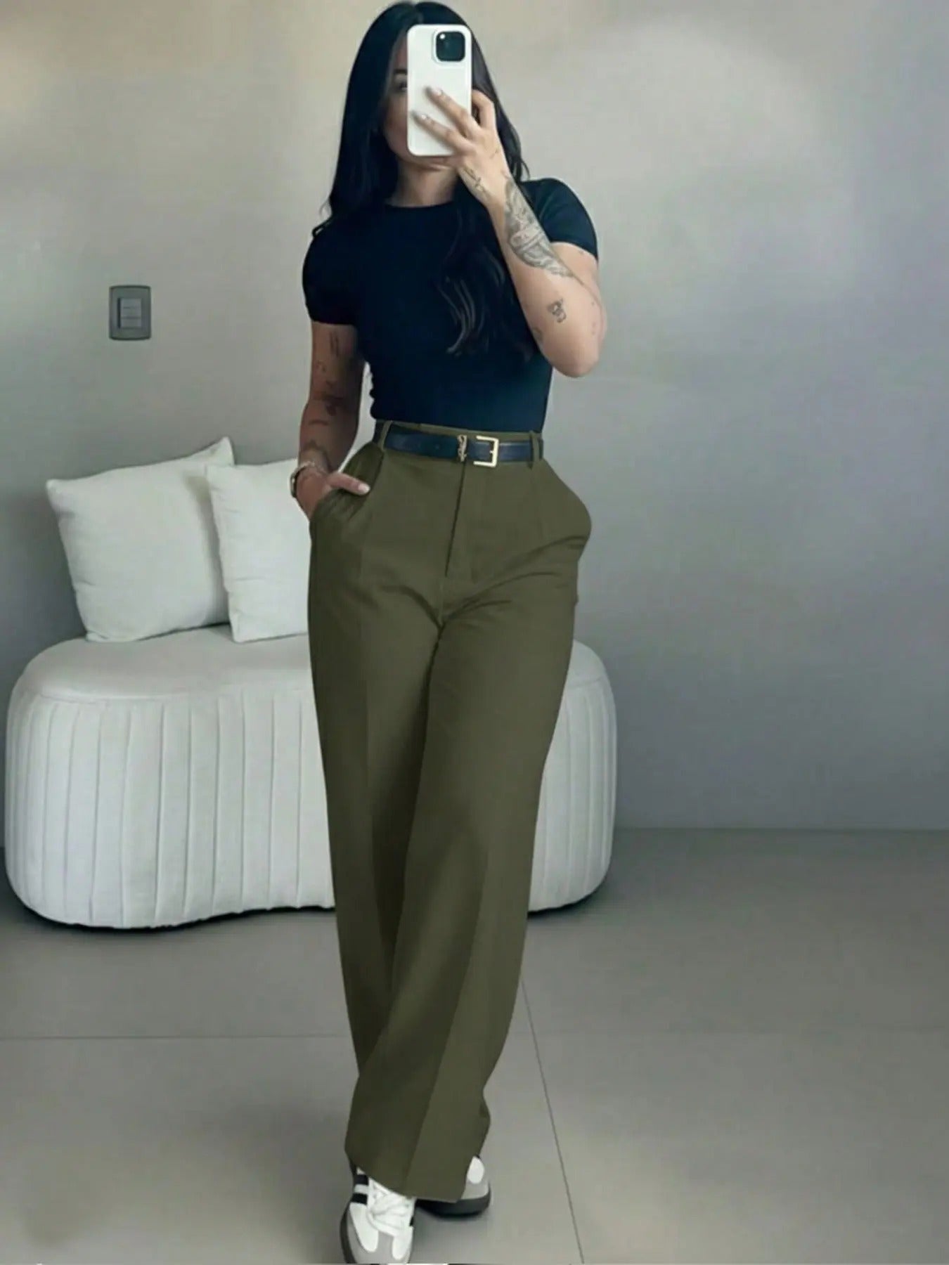 Damen-Hose mit hohem Bund und geradem Bein – fließende, elegante Anzughose mit lässigem Schnitt, für Büro und Alltag, mit figurformendem Effekt