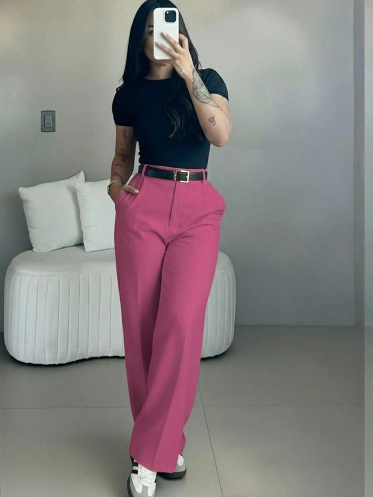 Damen-Hose mit hohem Bund und geradem Bein – fließende, elegante Anzughose mit lässigem Schnitt, für Büro und Alltag, mit figurformendem Effekt