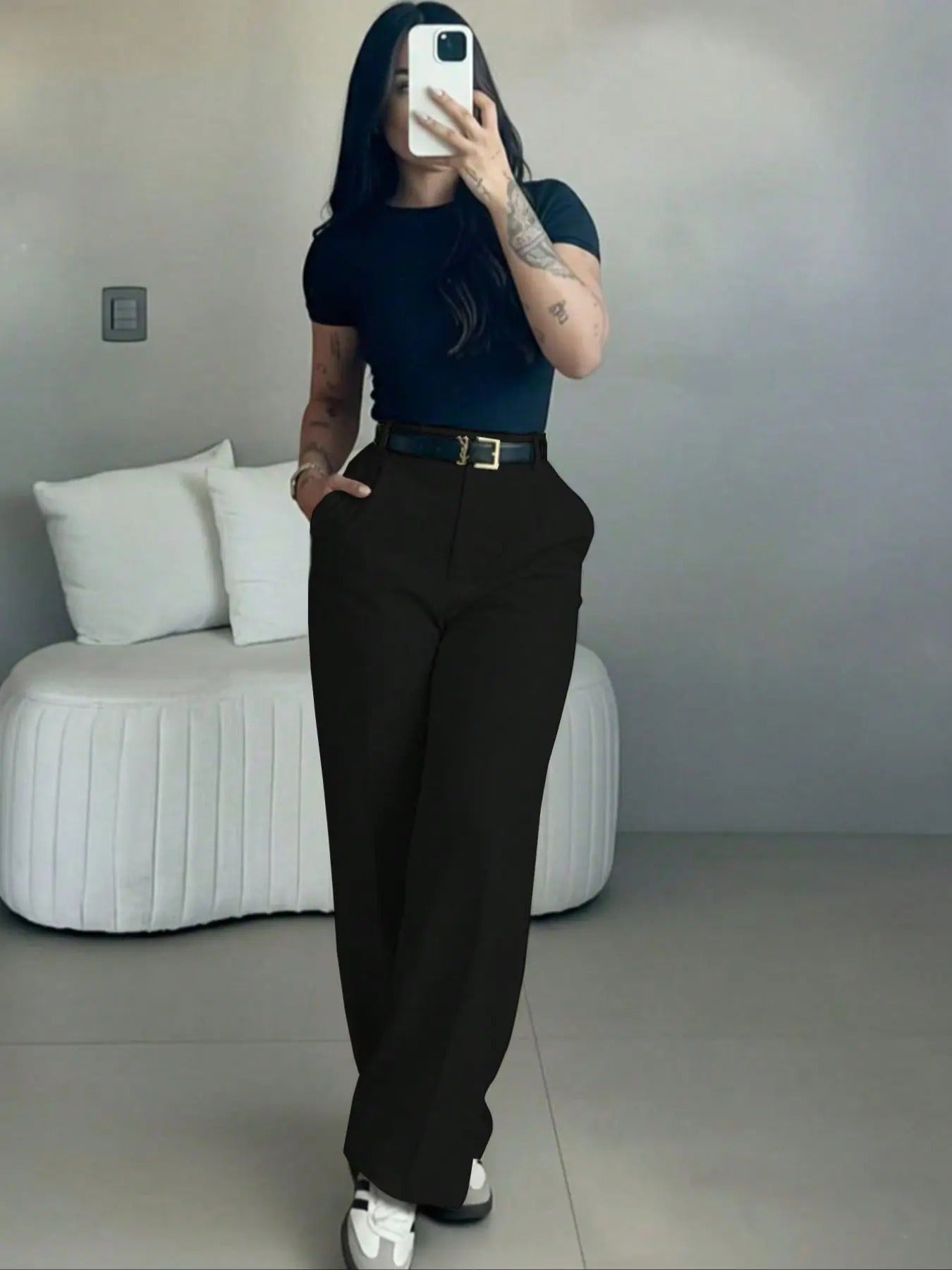 Damen-Hose mit hohem Bund und geradem Bein – fließende, elegante Anzughose mit lässigem Schnitt, für Büro und Alltag, mit figurformendem Effekt