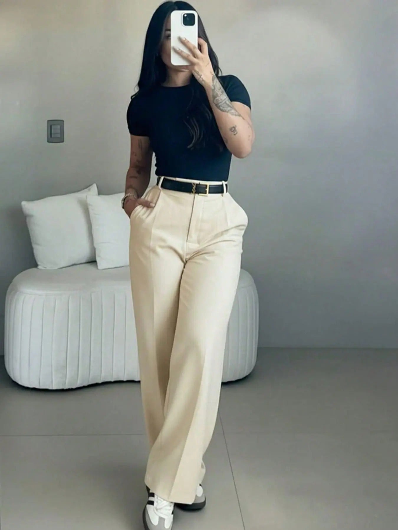 Damen-Hose mit hohem Bund und geradem Bein – fließende, elegante Anzughose mit lässigem Schnitt, für Büro und Alltag, mit figurformendem Effekt
