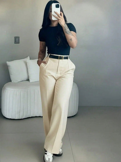 Damen-Hose mit hohem Bund und geradem Bein – fließende, elegante Anzughose mit lässigem Schnitt, für Büro und Alltag, mit figurformendem Effekt