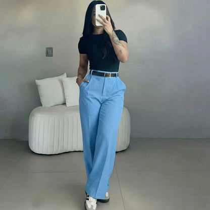 Damen-Hose mit hohem Bund und geradem Bein – fließende, elegante Anzughose mit lässigem Schnitt, für Büro und Alltag, mit figurformendem Effekt