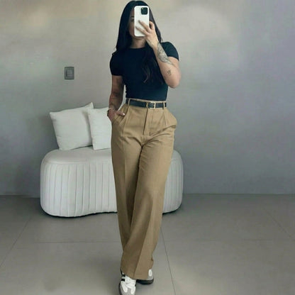 Damen-Hose mit hohem Bund und geradem Bein – fließende, elegante Anzughose mit lässigem Schnitt, für Büro und Alltag, mit figurformendem Effekt
