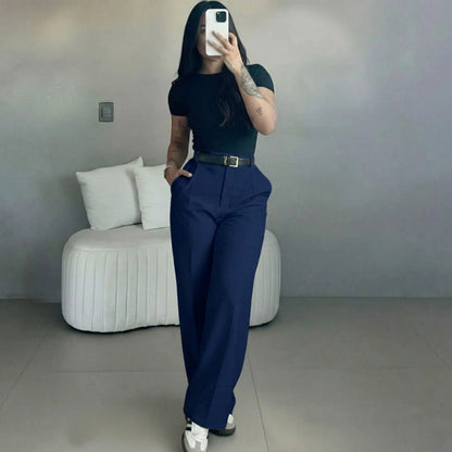 Damen-Hose mit hohem Bund und geradem Bein – fließende, elegante Anzughose mit lässigem Schnitt, für Büro und Alltag, mit figurformendem Effekt