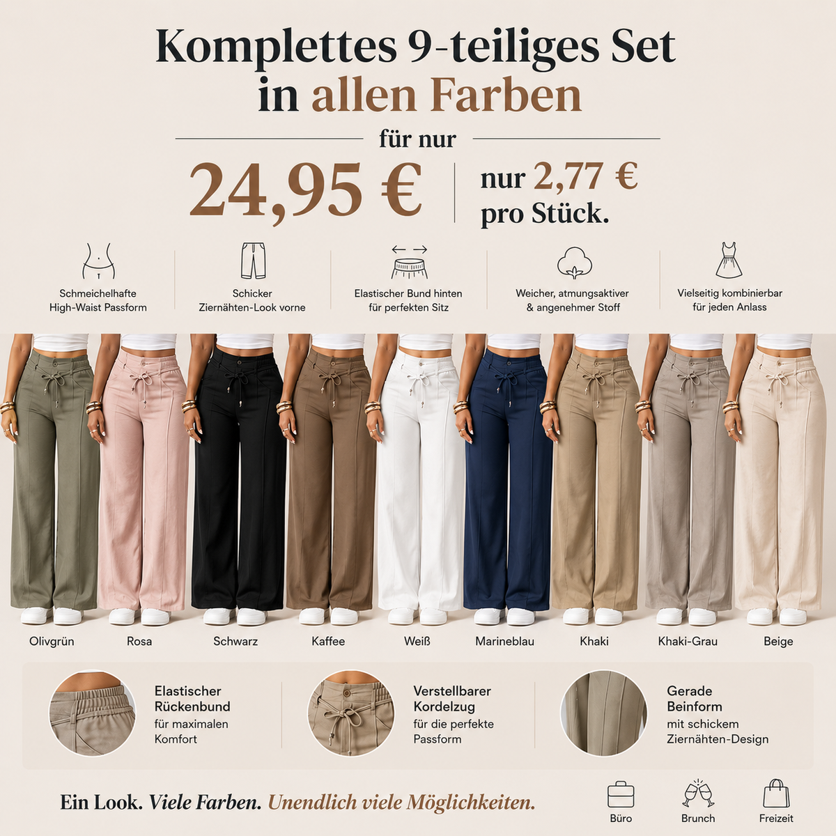 Damenhose mit hoher Taille und geradem Bein – Vordernaht & elastischer Bund hinten – Vielseitig, bequem & perfekt fürs Büro oder die Freizeit