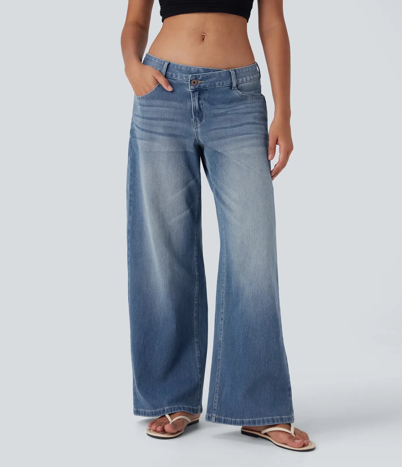 Baggy Jeans Low Rise mit Knopf und Reißverschluss, mehreren Taschen, weitem Bein